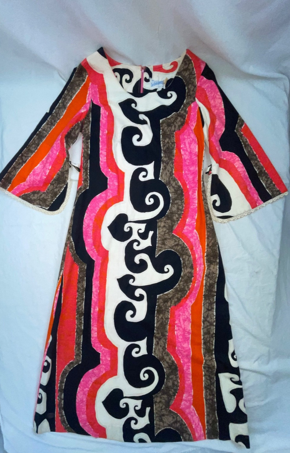 VTG 70S WOMEN CRAZY ABSTRACT PRINT BARKCLOTH HAWAIIAN CAFTAN DISCO HIPPY DRESS