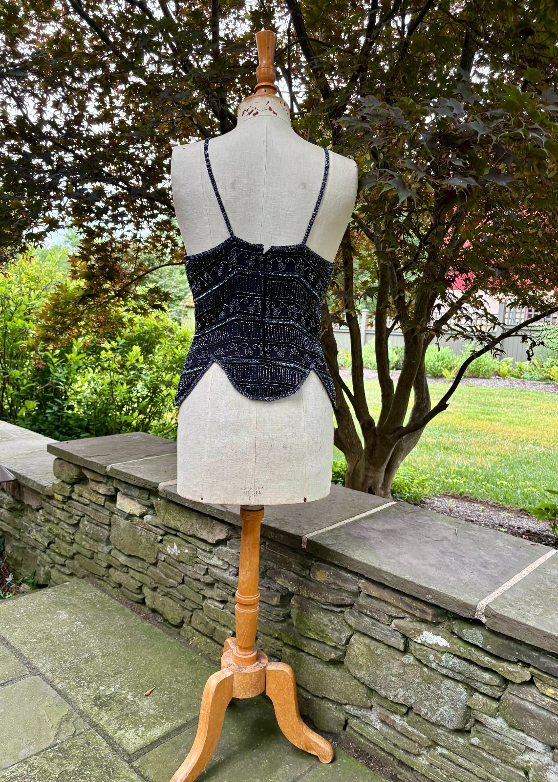 vtg BLACK silk BEADED fitted TOP CAMISOLE scallop by STENAY size XL seed & bugle