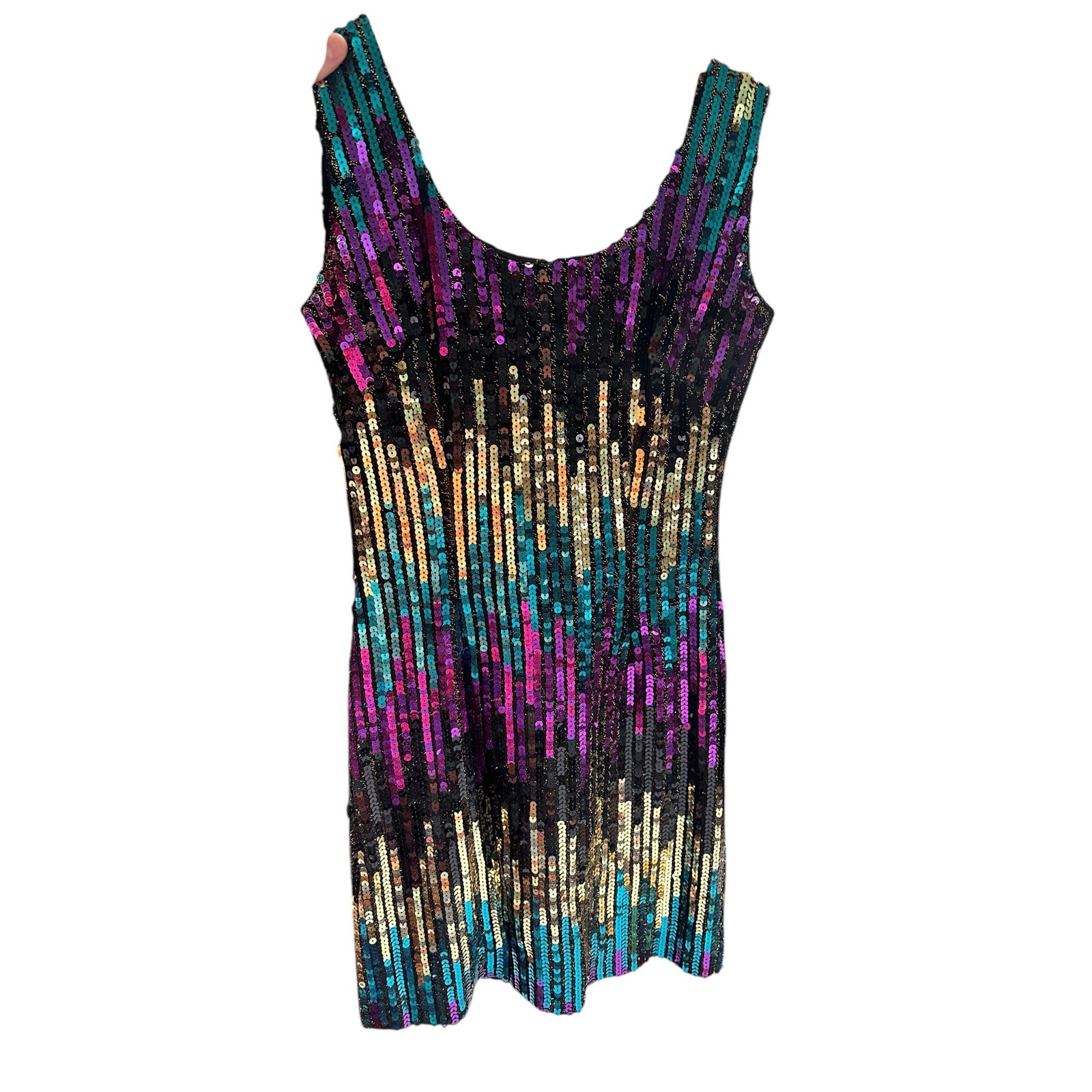 Vintage Alyce 1980s Sequin Mini Party Cocktail Dress Purple Green Gold Sz Med/10