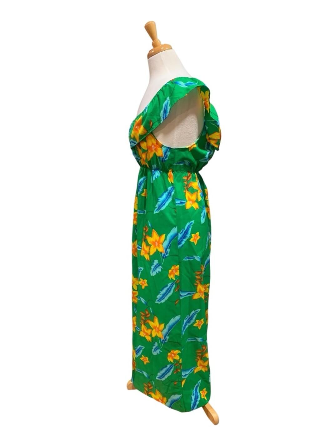 Vntg 70’s Women&rsquo;s POMARE KIDS Green Yellow Hawaiian Floral Maxi Dress sz S