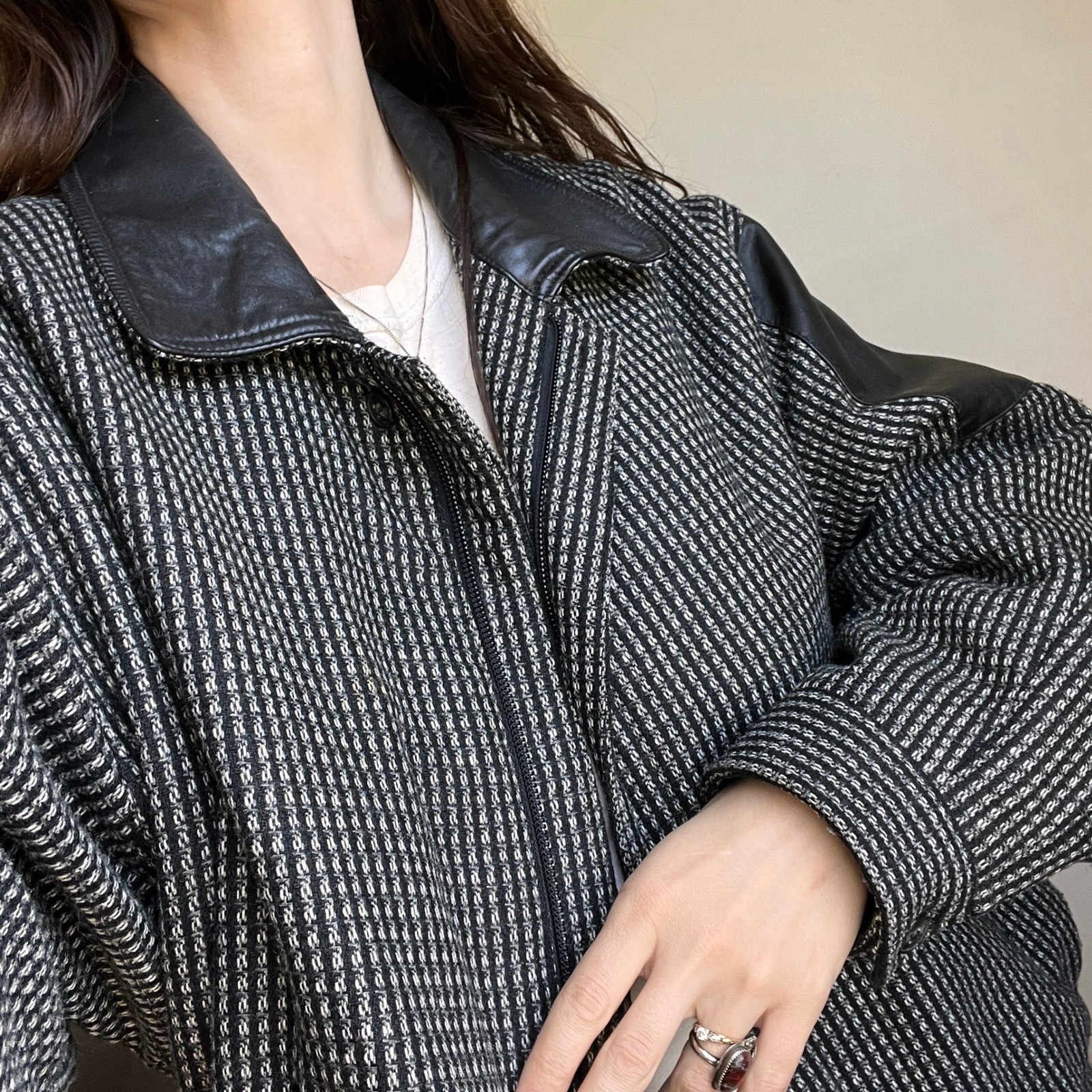 Vintage Wool Knit Bomber Jacket Black Leather Trim Textured Zip Up Baggy Coat