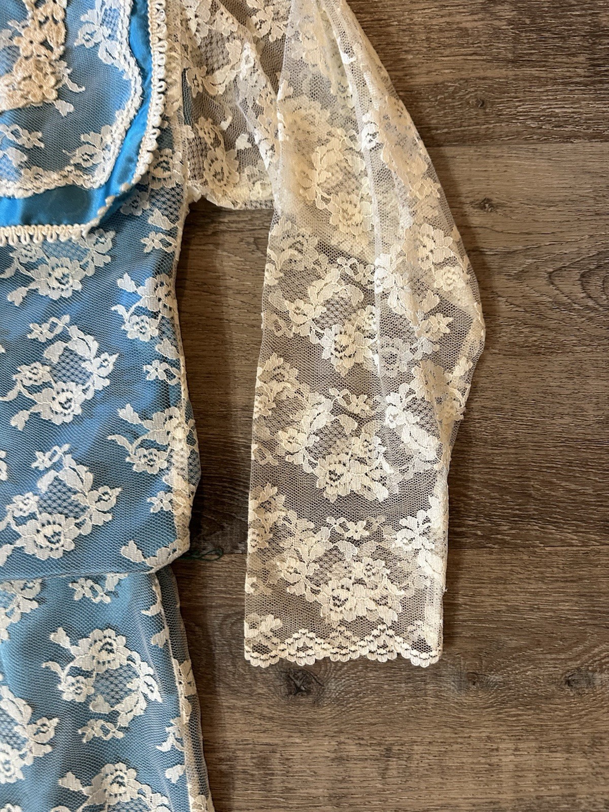 Vintage Dress Size M White Lace Floral Blue Pullover Mid Length 80s 90s