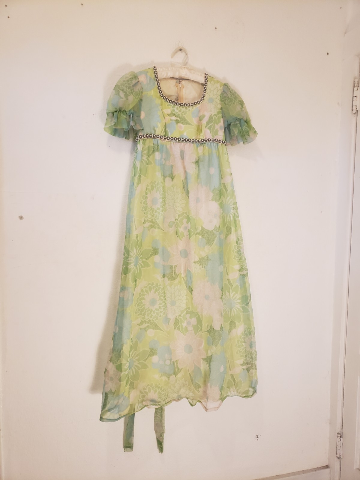 Vtg 60s Emma Domb Floral Chiffon Pearl Rhinestine Maxi Dress Regency XS S…
