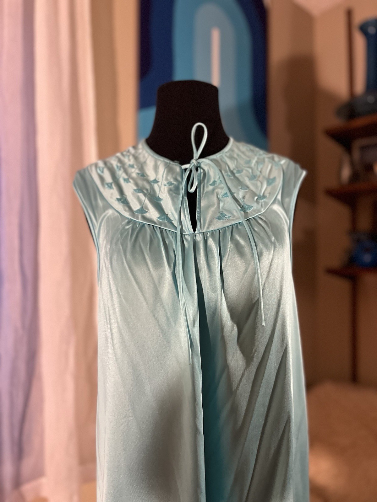 Vtg JC Penney MG Art Deco Silky Nylon Blue Slip Dress Nightgown Small USA **read