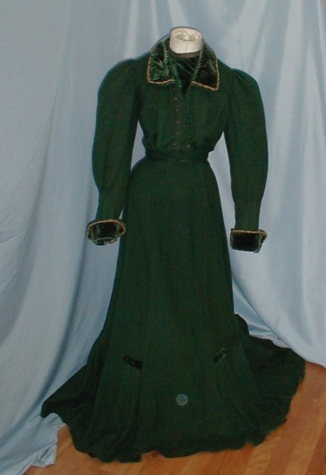 Striking Antique Dress Suit Victorian 1890&rsquo;s Forest Green Wool Velvet Trim