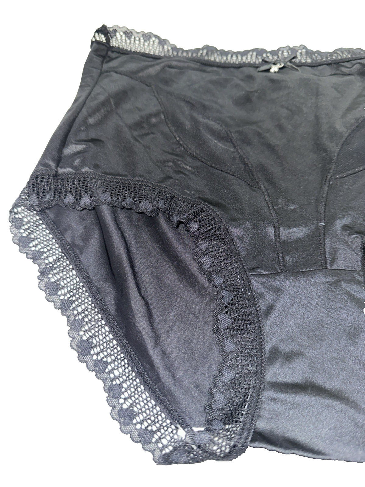 ~Shiny Large Black With Gem Nylon Lace Blended Panties W/Bow Cotton Gusset New