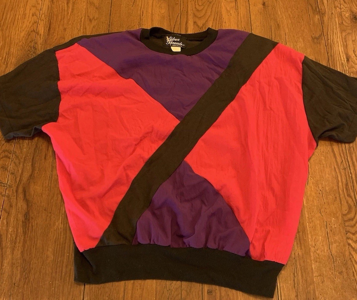 VTG 80s Color Block T-shirt Bright Pink Purple Black USA L RETRO Single Stitch