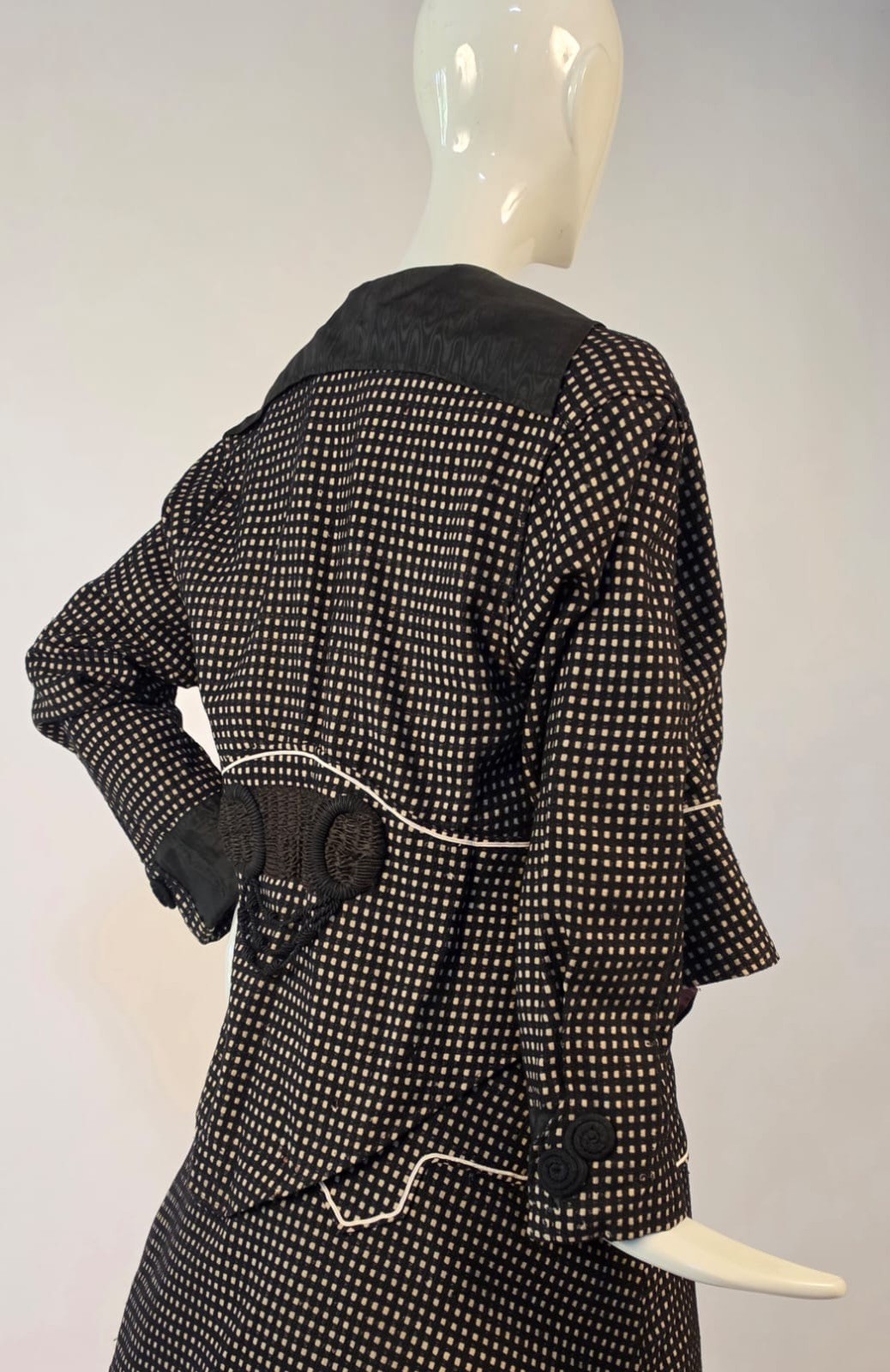 EDWARDIAN BLACK + WHITE CHECK WALKING SUIT W CORD DETAIL + SOUTACHE BELT BACK