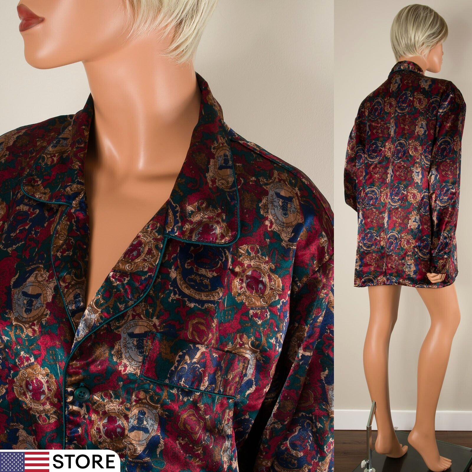 💖 NUMBER 1 LONDON Vintage Sleepshirt Silky Satin Paisley Pocket L/XL