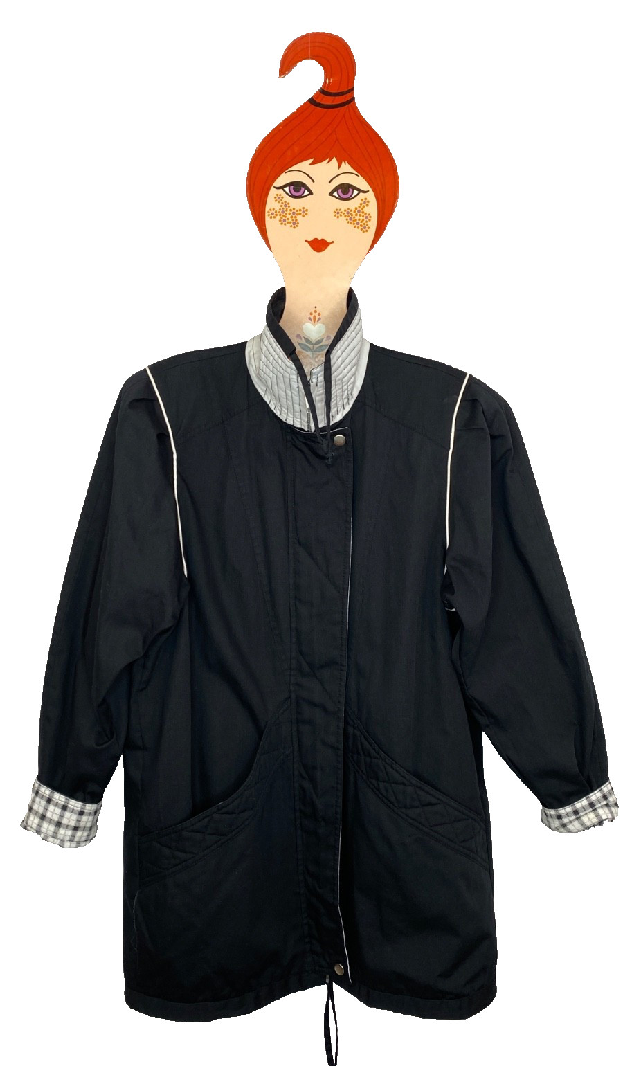 Vintage 1980s black jacket M white plaid NY GIRL shoulder pads cotton blend