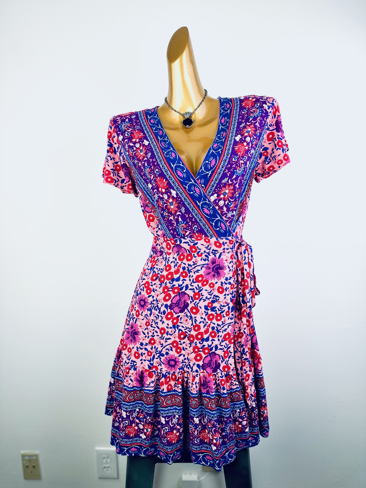Vintage VTG 90s boho wrap dress floral print prairie mini sundress