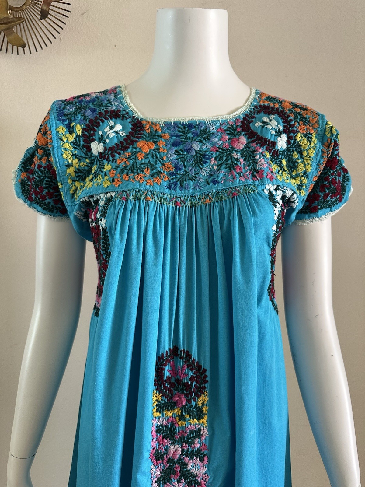 1970s San Antonino Oaxacan Huipil Dress Cotton Hand Embroidered Mexico S VTG