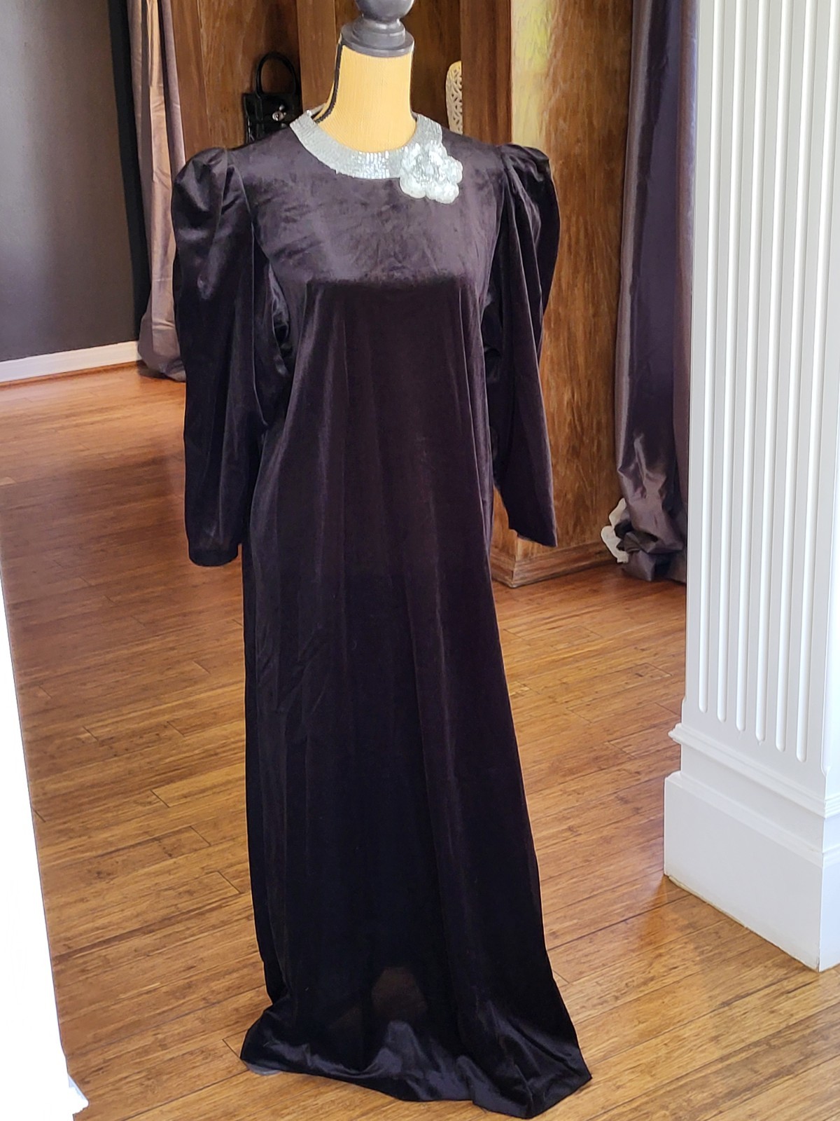 David Brown Vintage Black Velour Dress With Silver Sequined Neckline Medium