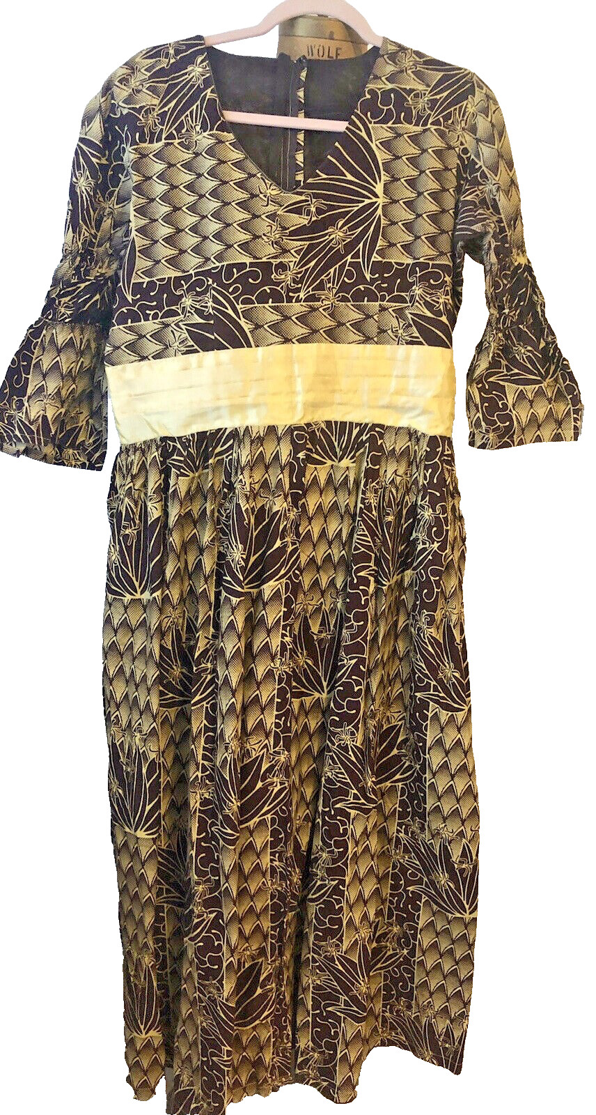Dress African Wax Printed in Cote D&rsquo;Ivoire Brown Yellow Long Length Cotton M/L