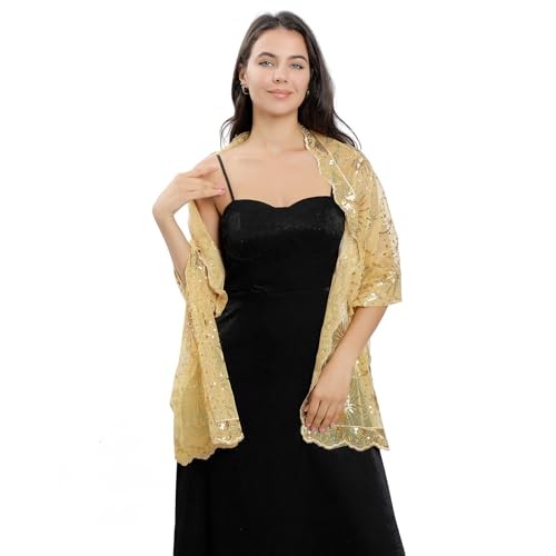 Women shawls and wraps for evening dresses, Sequin Sheer Lace Champagne Gold