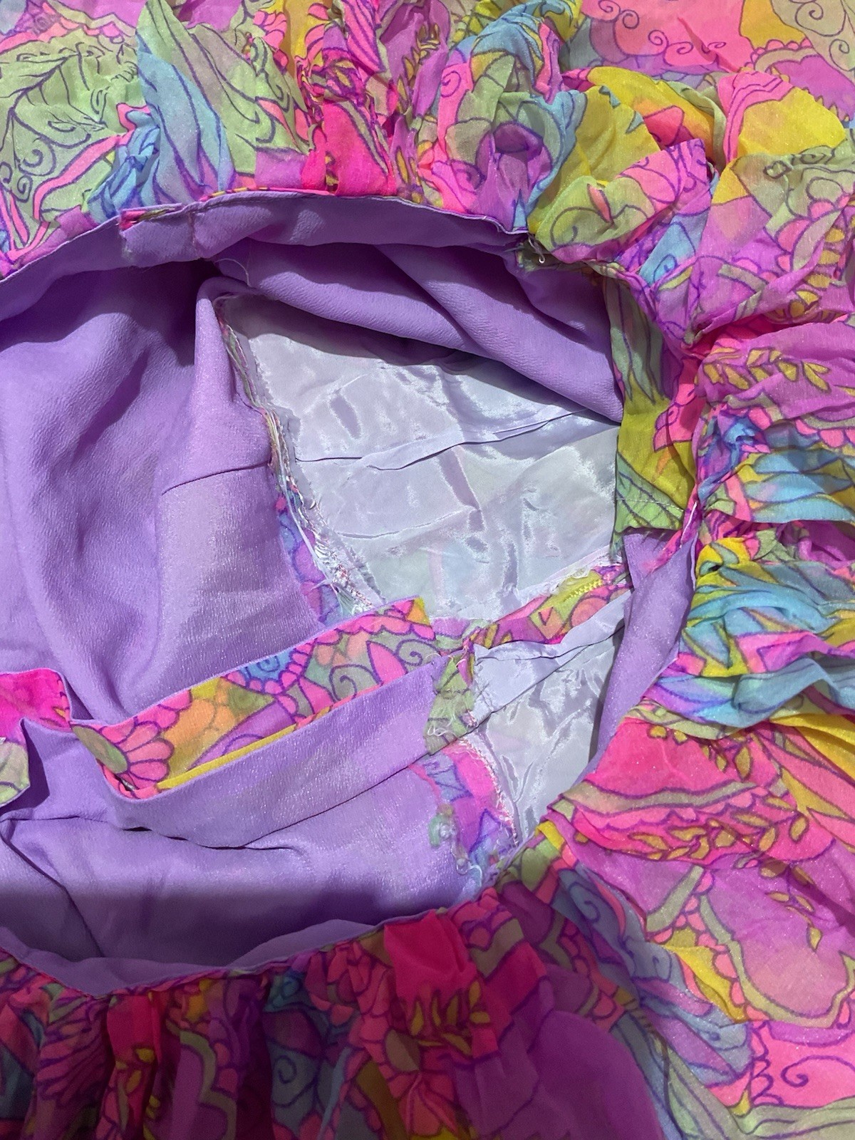 Vintage Bright Floral Maxi Dress Boho Psychedelic Handmade Ruffled