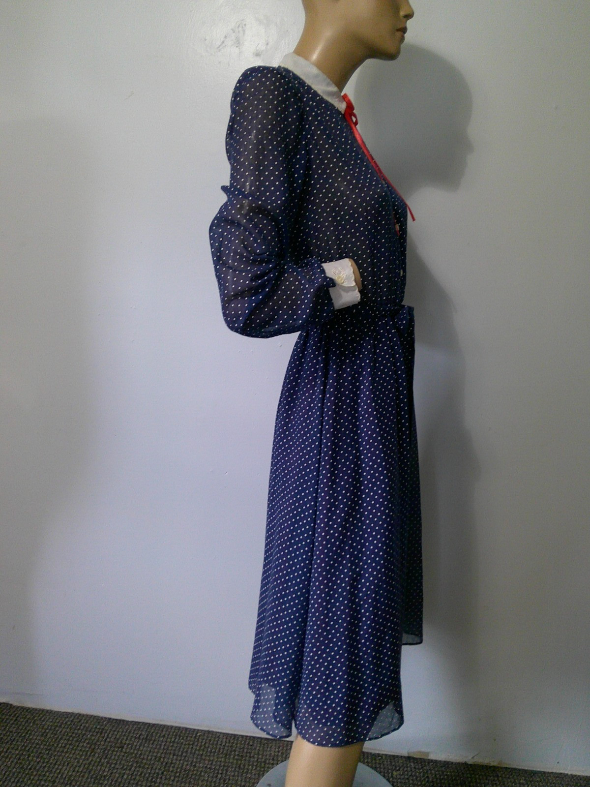 Vtg 70s Navy & White Tiny Dot Semi Sheer Modest Secretary Day Dress Fit Flare M