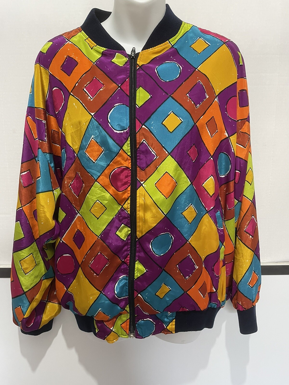 Vtg 80s 90s Silky Bomber Jacket Wild Funky Print S/M/L One Size Fits
