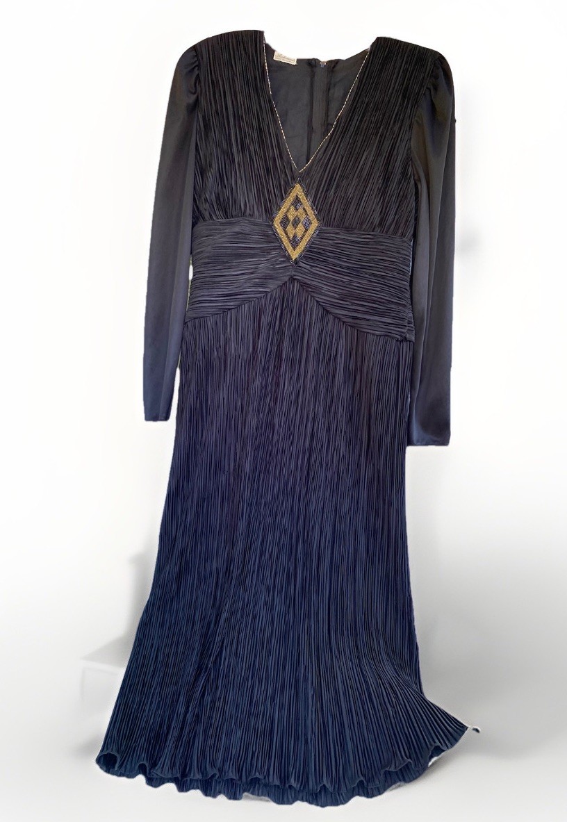 VTG JoEd Sophisticates Beaded Black Gold Crepe Dress Witchy Goth Formal Gown 14