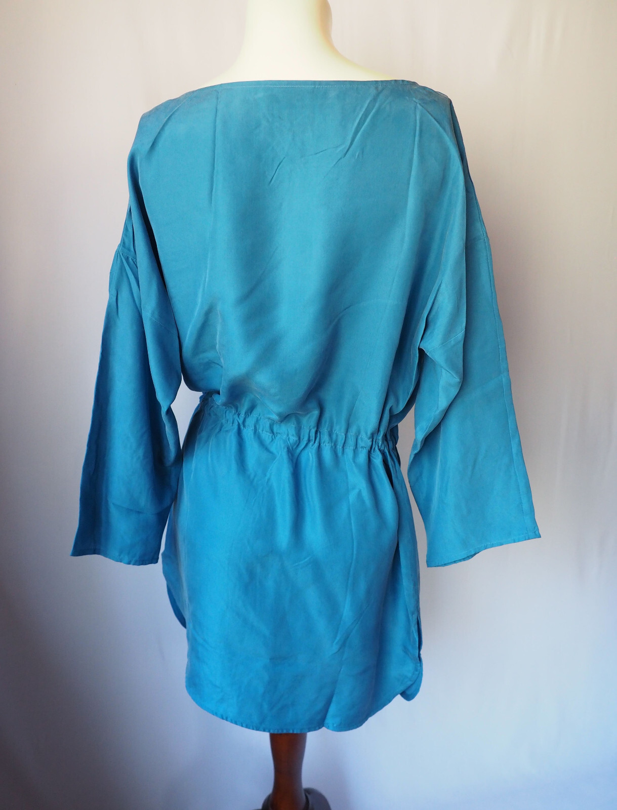 Vintage Vollbracht Luxe Silk Drawstring Mini Dress Draped Neck 3/4 Sleeve Blue S
