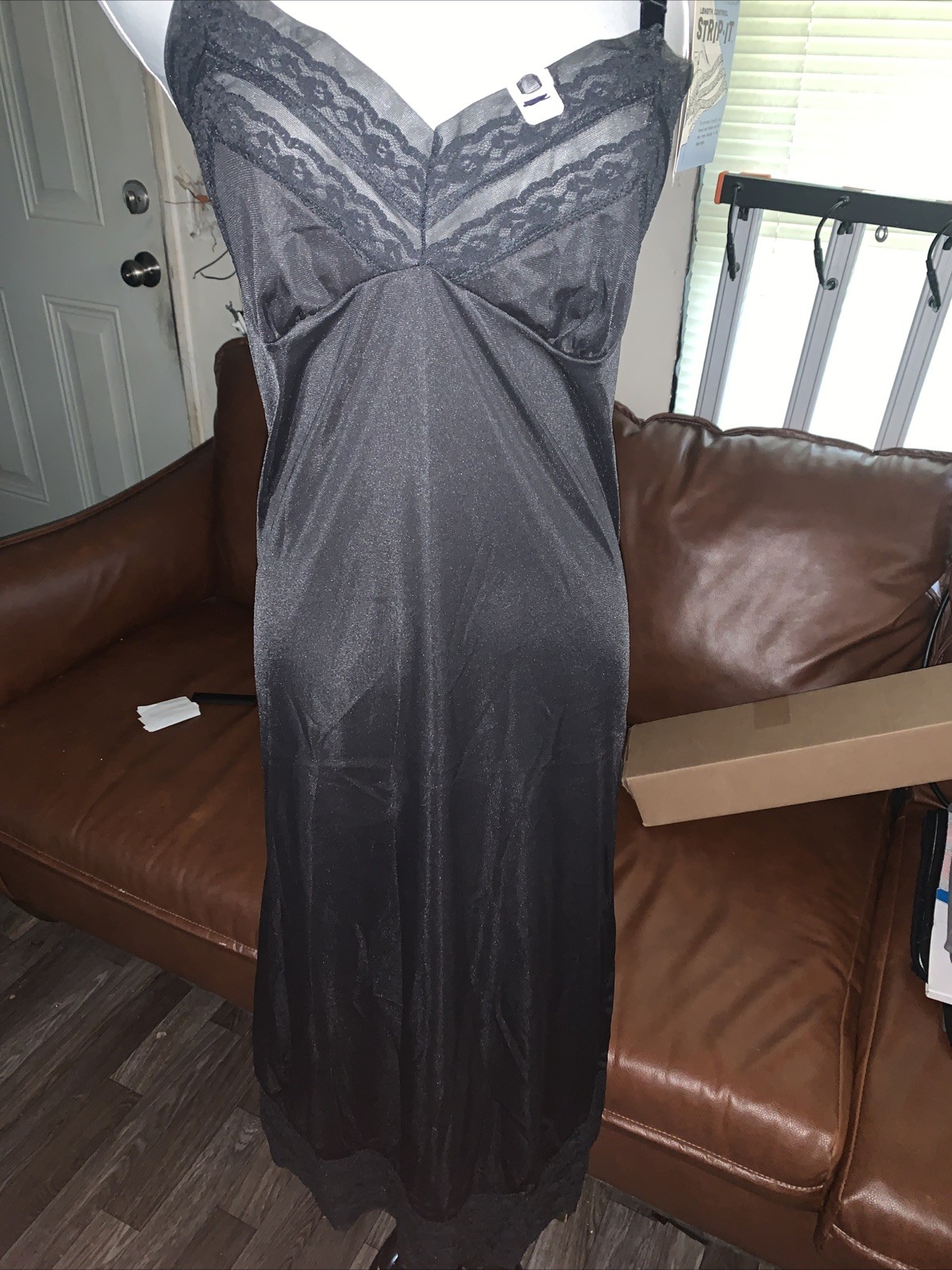 Vintage Philmaid Size 32 Black Full Slip Lingerie Nylon Lace Adjust Strap NOS