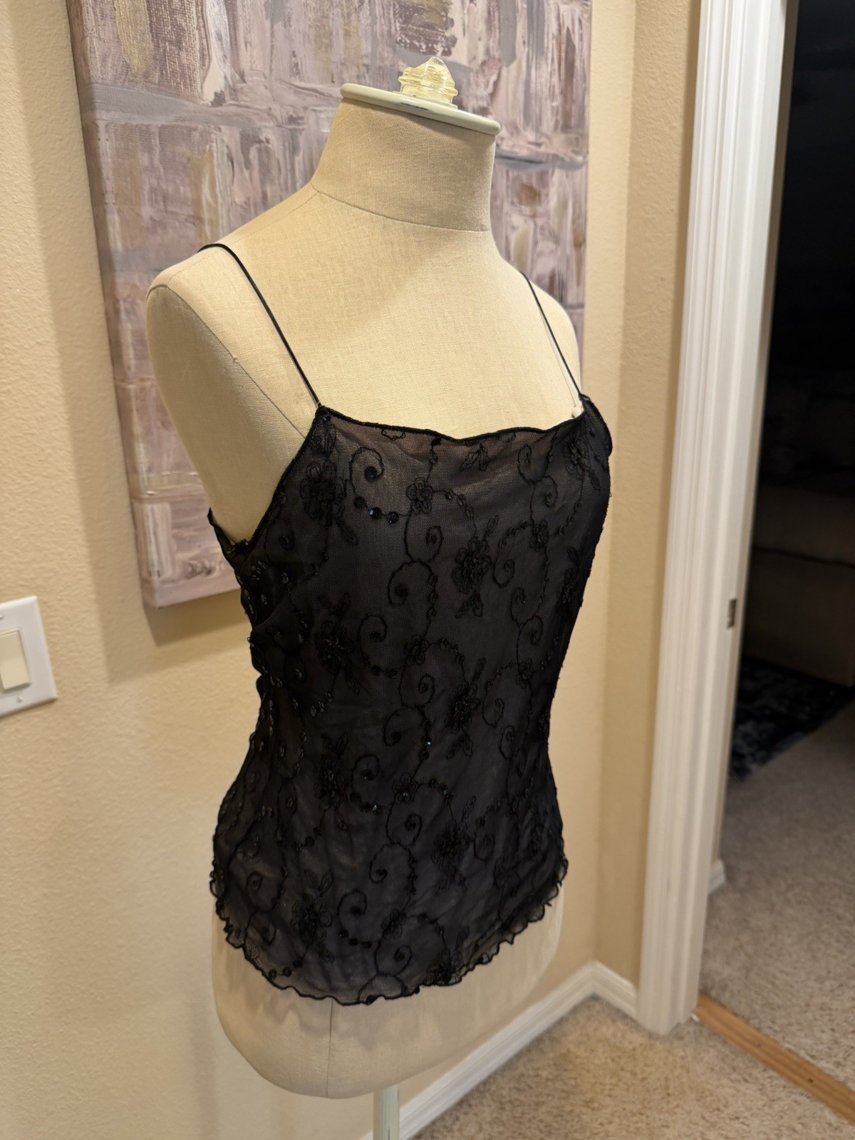 Vintage 90&rsquo;s Bebe Black Sheer Mesh Lined Sequin Floral Camisole Tank Top M