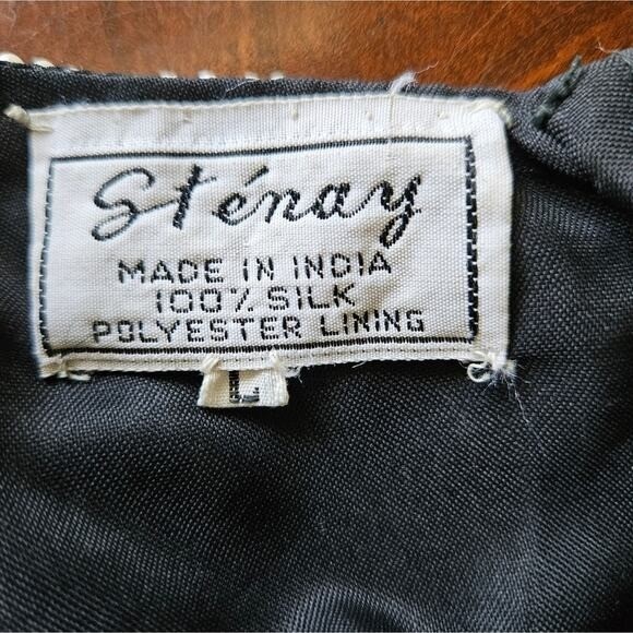 Stenay Vintage 100% Silk Beaded Sequin Top Black White Stripe Floral Scalloped L