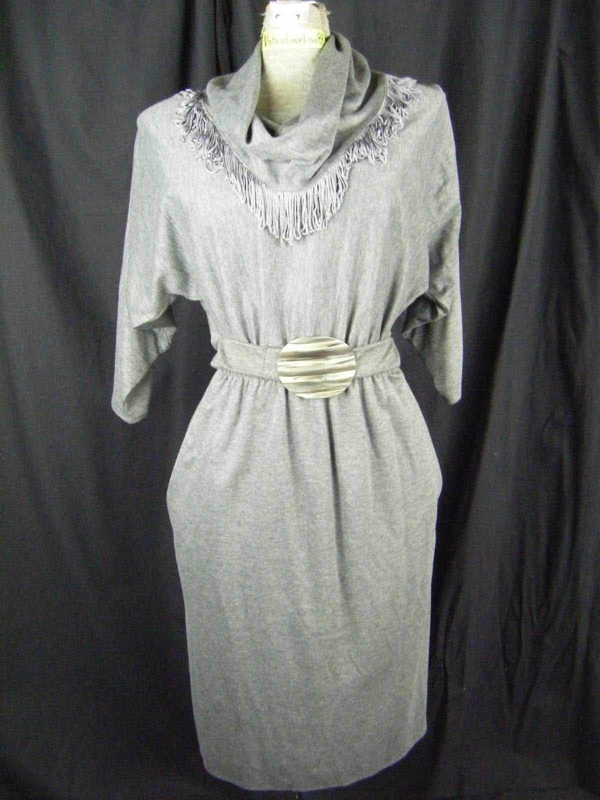STUART ALAN Vtg 80s Heather Grey Knit Fringes Collar Western Dress-Bust 44/M