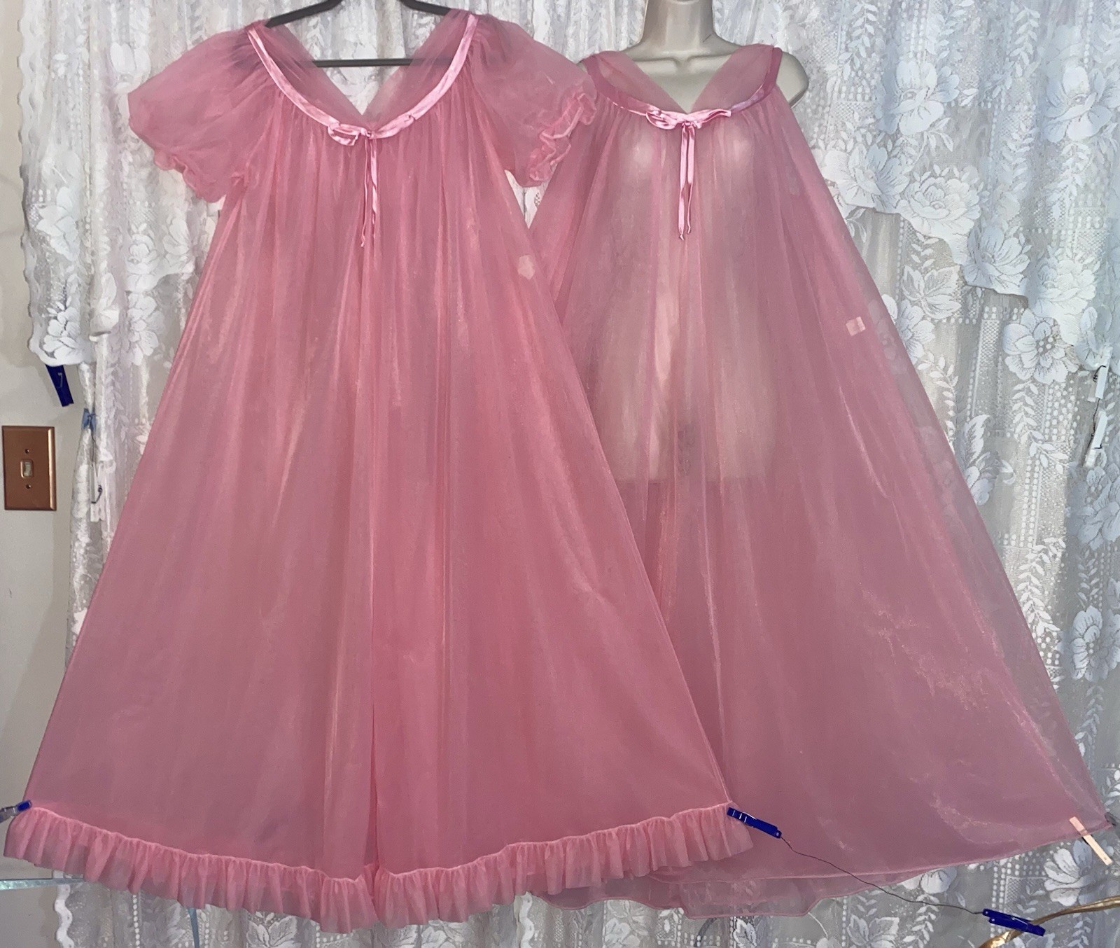 VTG NWOT RARE XL+ JENELLE PINK 4 Layer Sheer Chiffon Peignoir Robe Nightgown SET