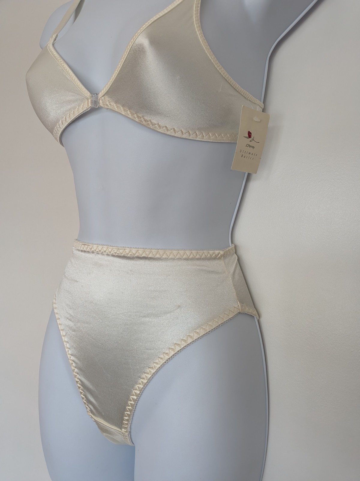 Vintage JCPenney Ultimate Basics shiny ivory satin panties front hook bra set S