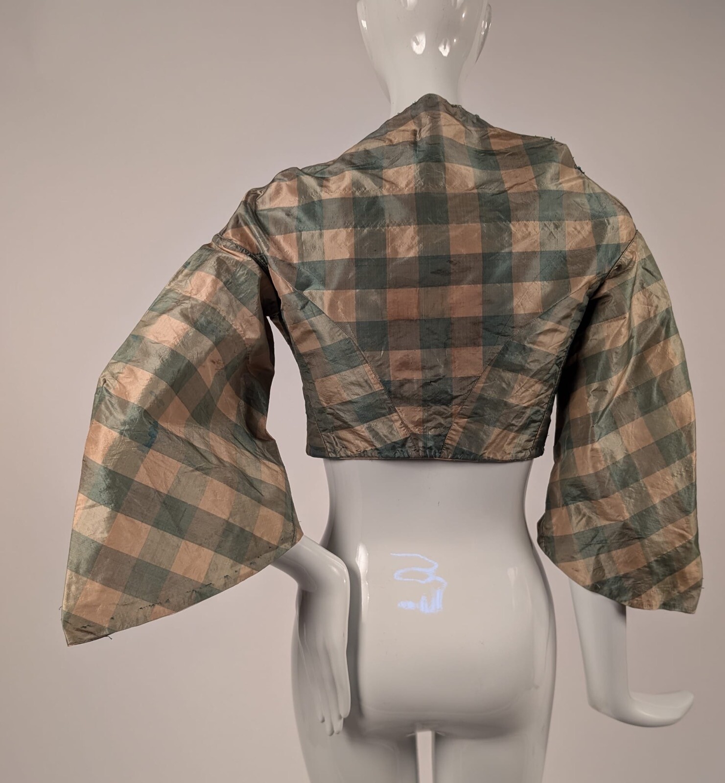 CIVIL WAR ERA PLAID SILK TAFFETA BODICE W PAGODA SLEEVES