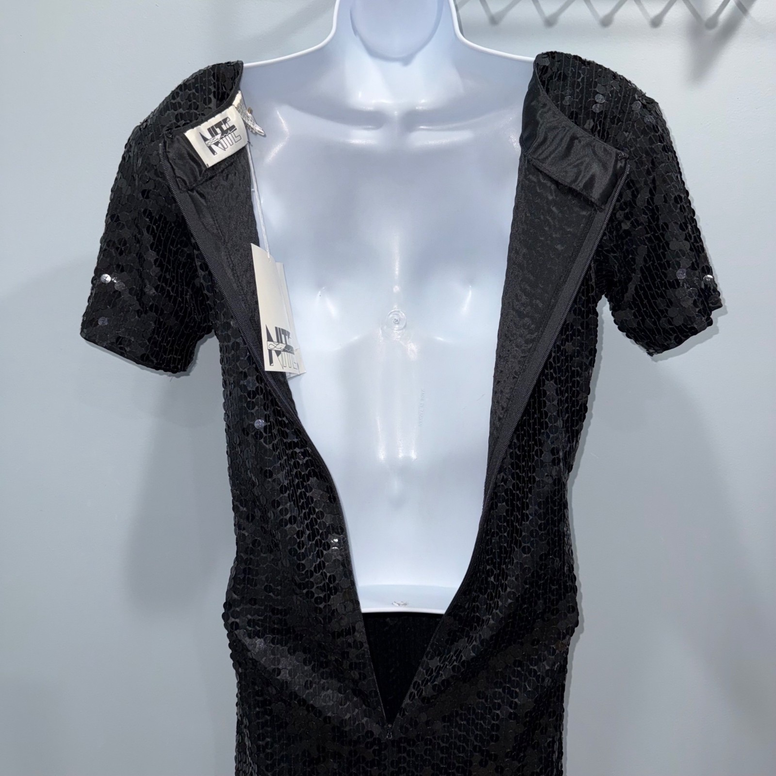 Vintage NEW Nite Line Black Sequin Square Neck Dress Cocktail Event LBD Size 12