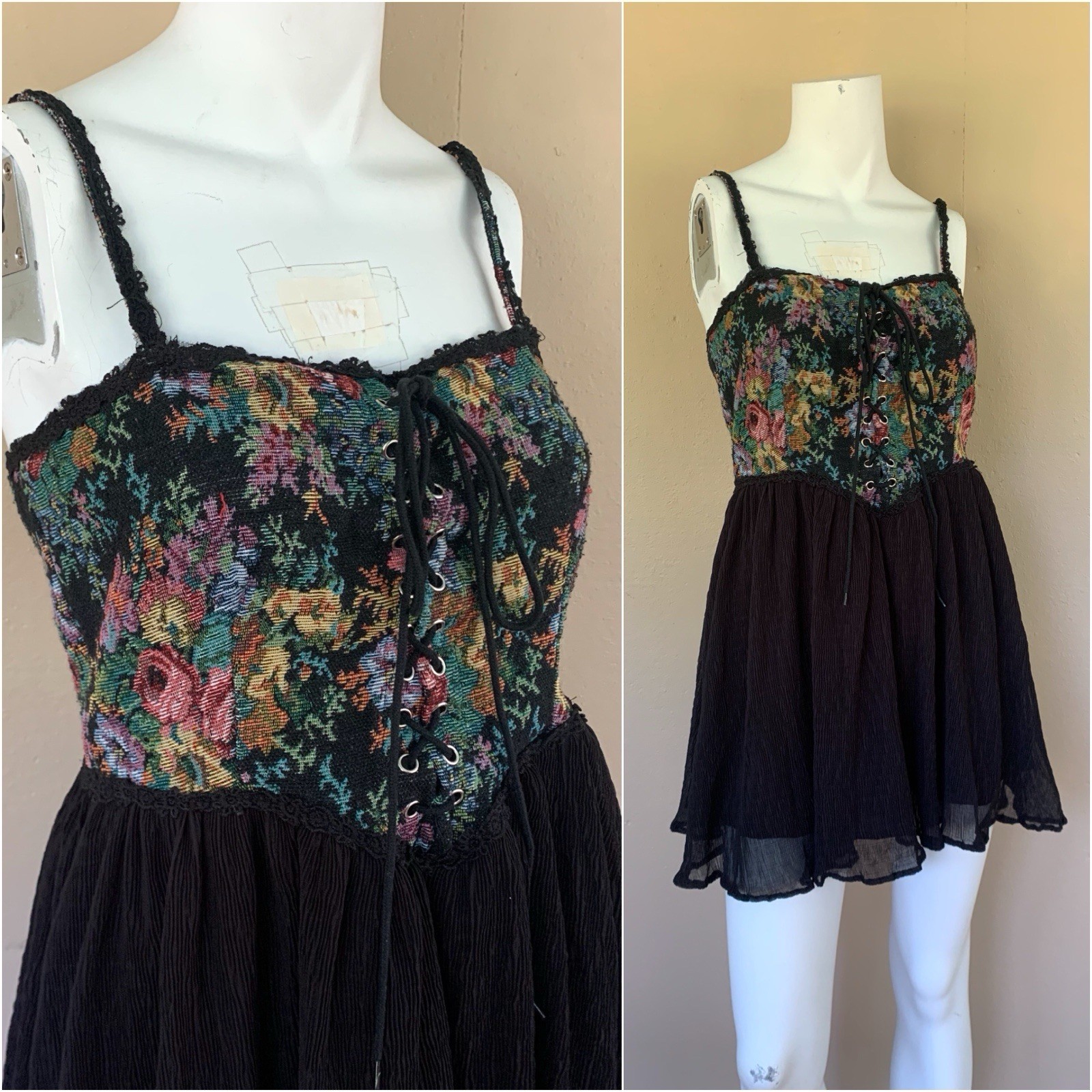 Vintage 90s Corset Tapestry Bust Mini Dress | Y2K Spaghetti Strap Babydoll Dress