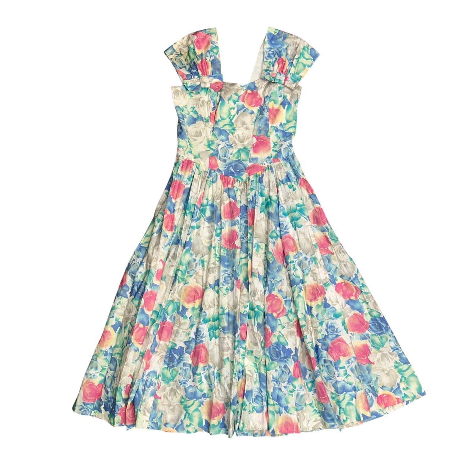 Vintage handmade Cottage 80s Dress Floral Bow Strap Dropped Waist Pink Blue S