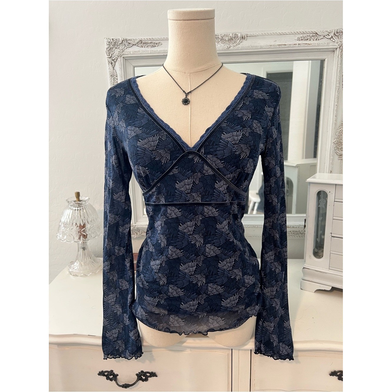 vintage 90s navy blue patterned babydoll mesh top with lace and velvet trim