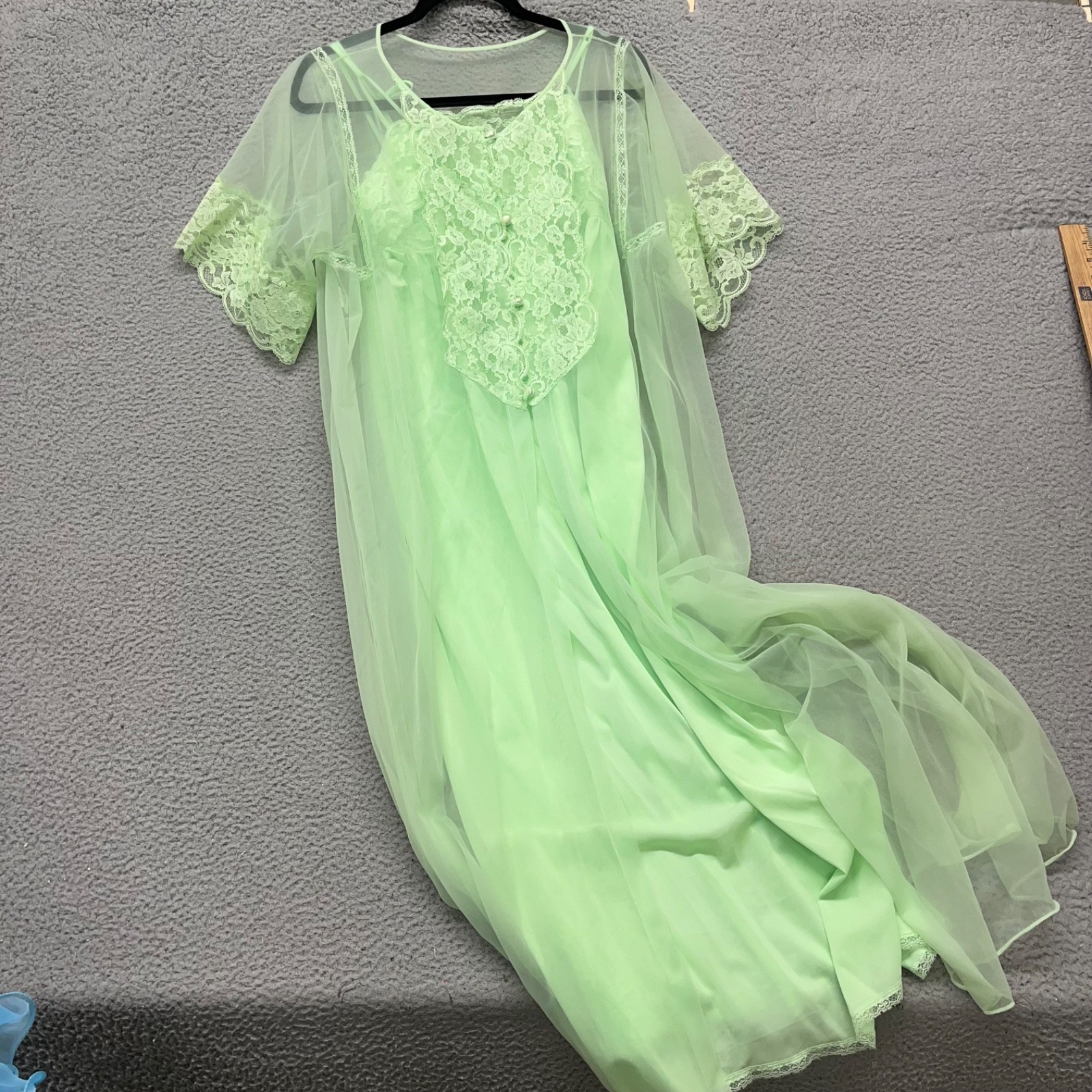 Vtg Peignoir Set Womens M Green Gaymode Penny&rsquo;s Nightgown Babydoll Sheer Fairy