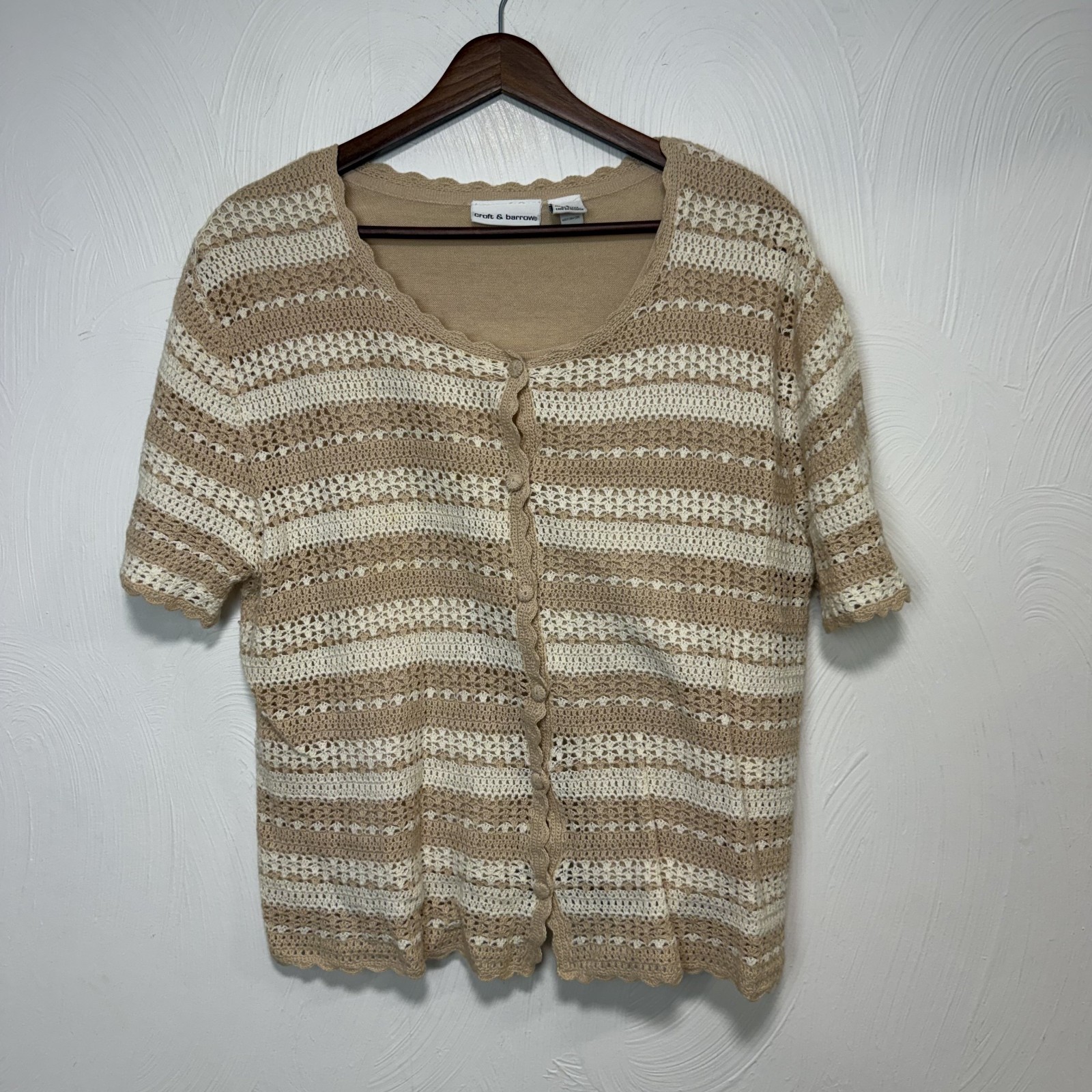 Vintage Croft & Barrow Women&rsquo;s Brown White Striped Cotton Blend Blouse Sz Small