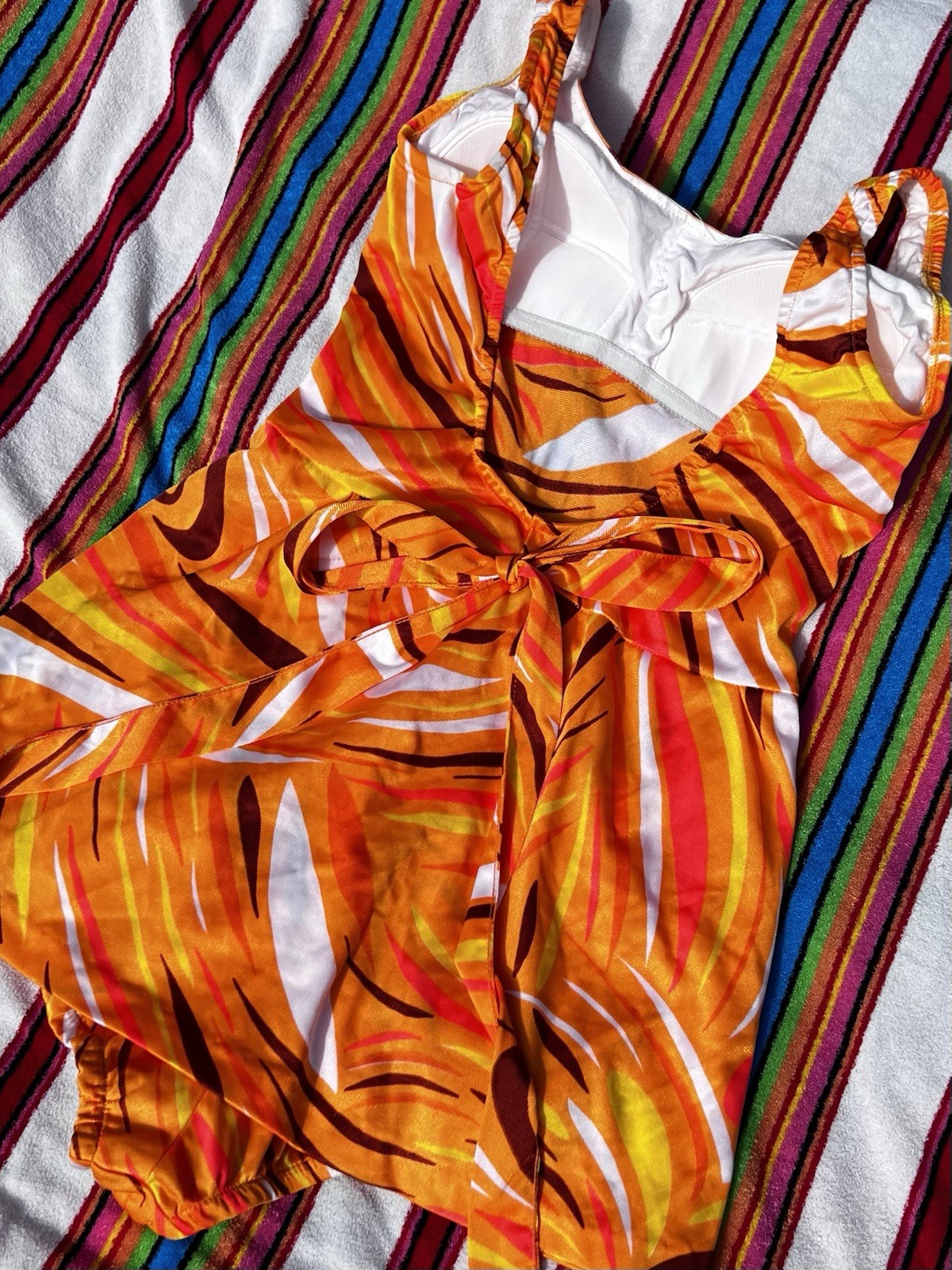 VTG 60s Union Made Abstract Orange Yellow & Brown Skirt Cover Swim Suit Med