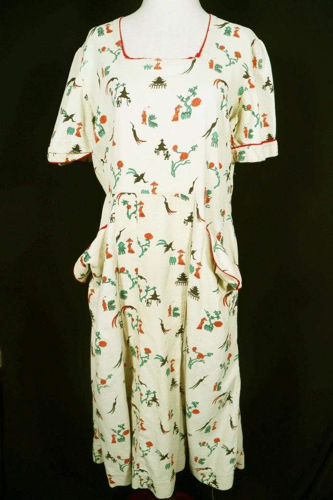 Vintage 1940&rsquo;s-1950&rsquo;s French Chinese Print Waffle Texture Cotton Dress Size 14+