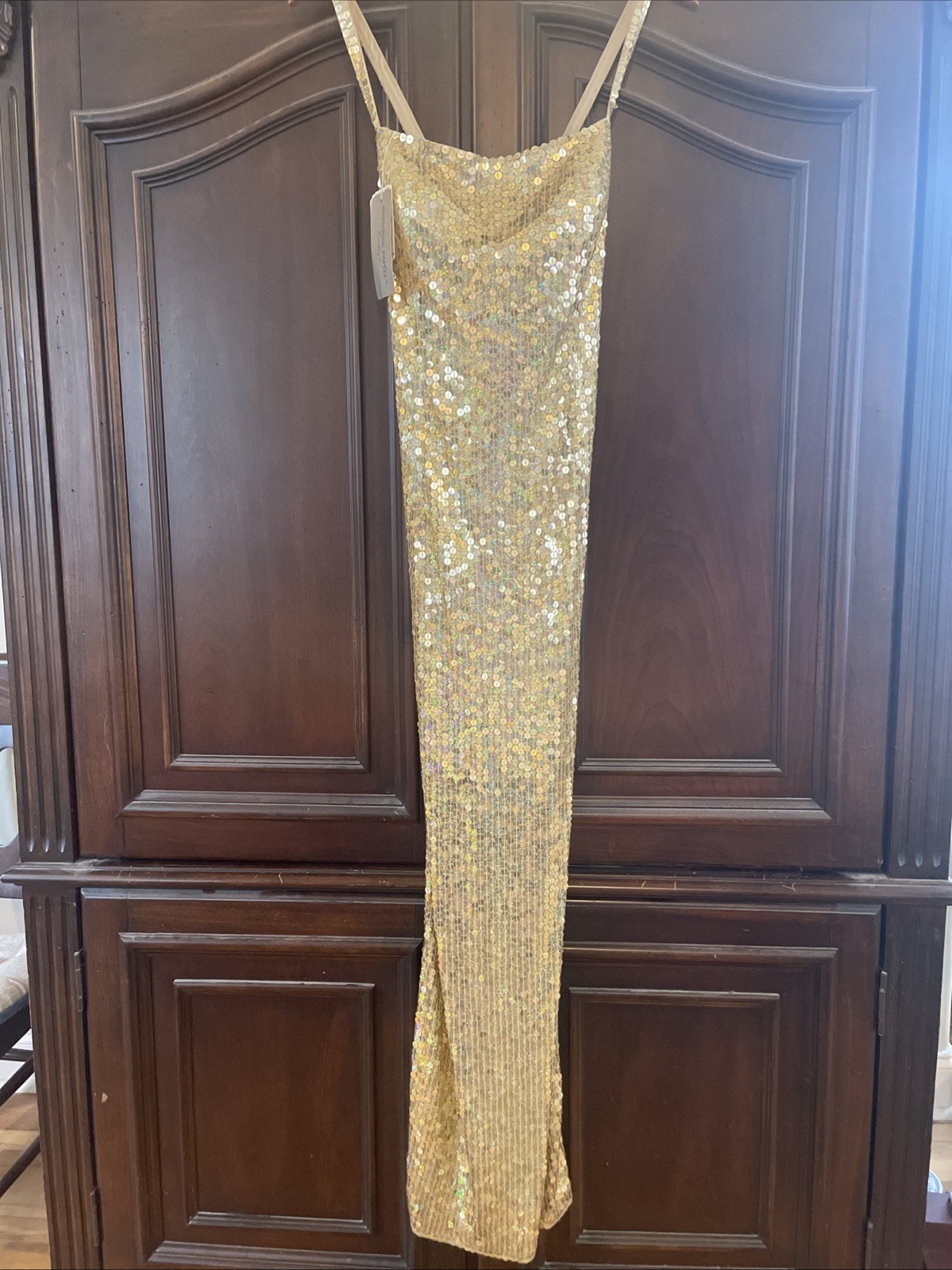 Vintage Adriana Gold sequins spaghetti Strap long, Stretch cocktail dress Sz 10
