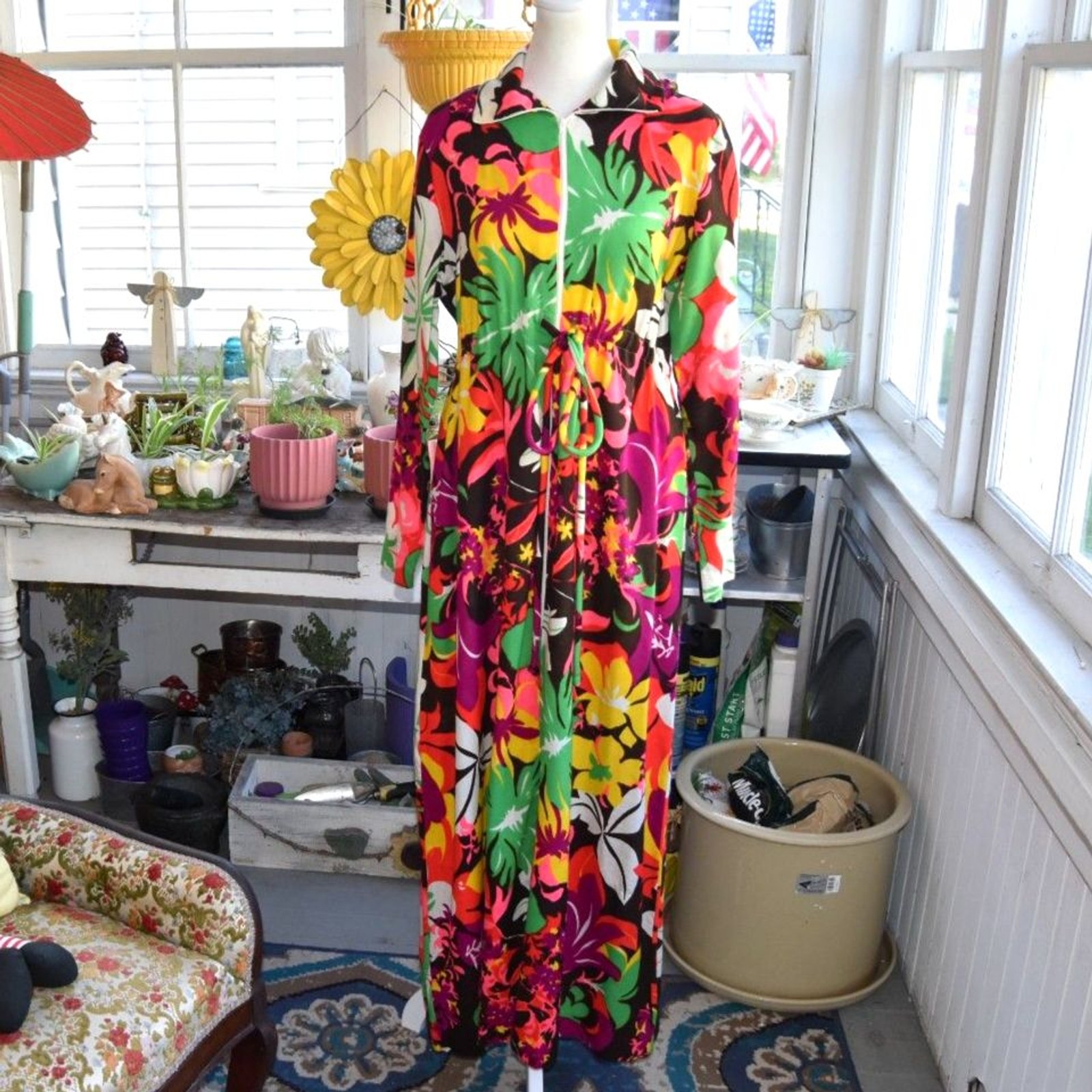 Vintage 70s Lounges Hawaiian Floral Maxi Dress Zip Front Drawstring USA Medium