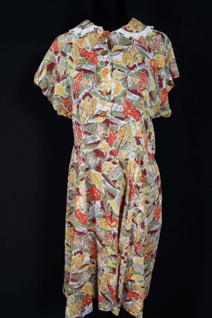 Rare Vintage 1930&rsquo;S-1940&rsquo;s Winter Foliage Sheer Cotton Dress Size 12-14