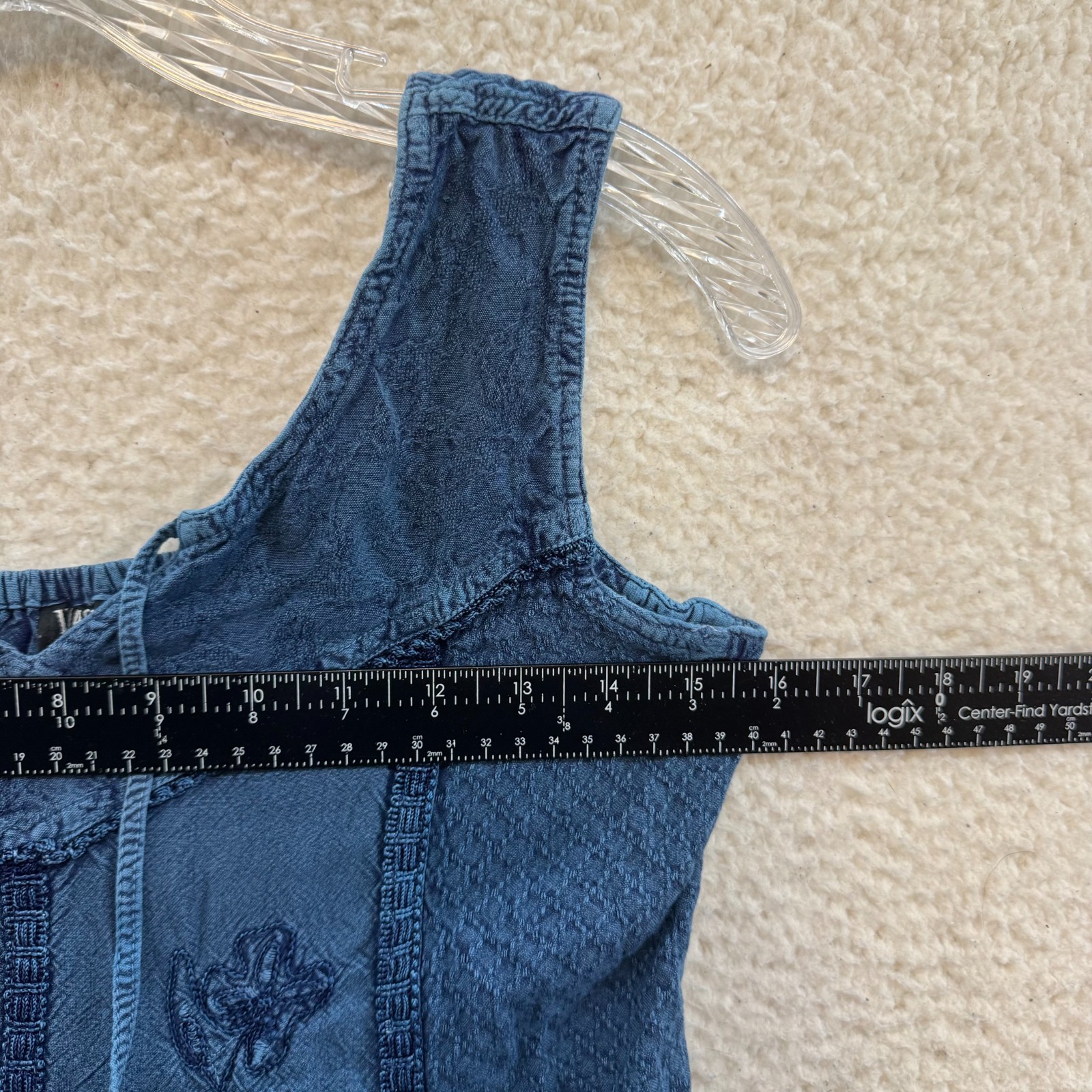 Y2K Vintage Top Small Blue Chambray Embroidered Floral Boho Bohemian Hippie