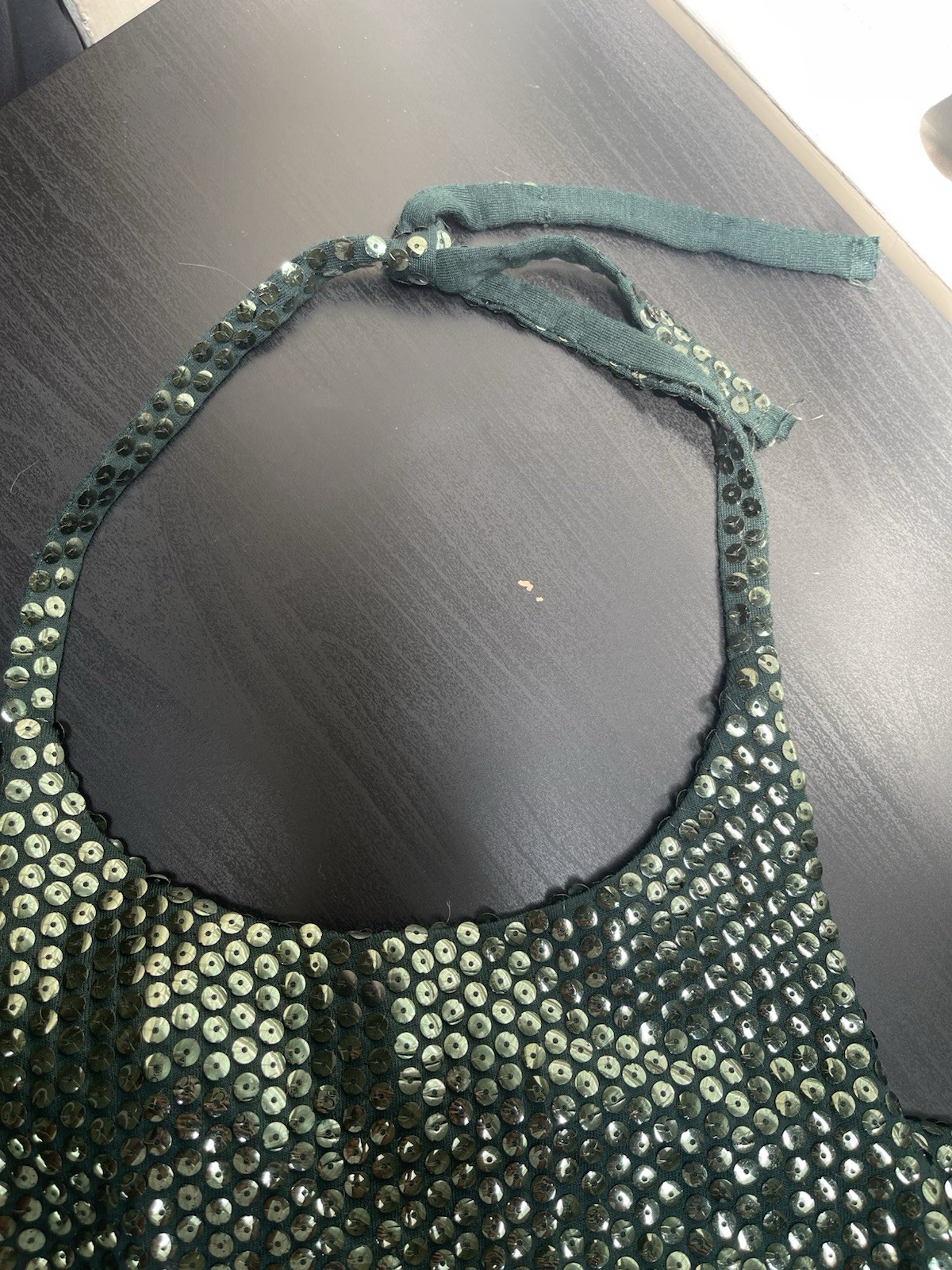 Vtg 70s Emerald Green Sequin Halter Maxi Dress ILGWU Union Made Disco Glam XS/S