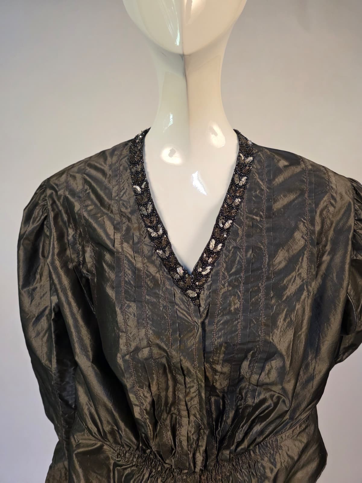 EARLY EDWARDIAN GUNMETAL GRAY SILK TAFFETA JACKET W SEQUIN + BEAD NECKLINE