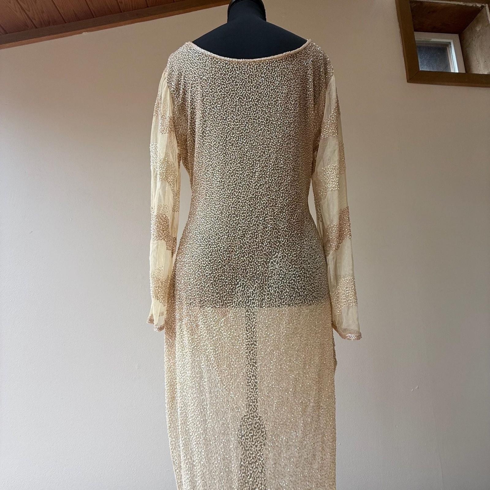 Vintage Fully Beaded Sequined Cream Asymmetrical Shirt Dress Sheer