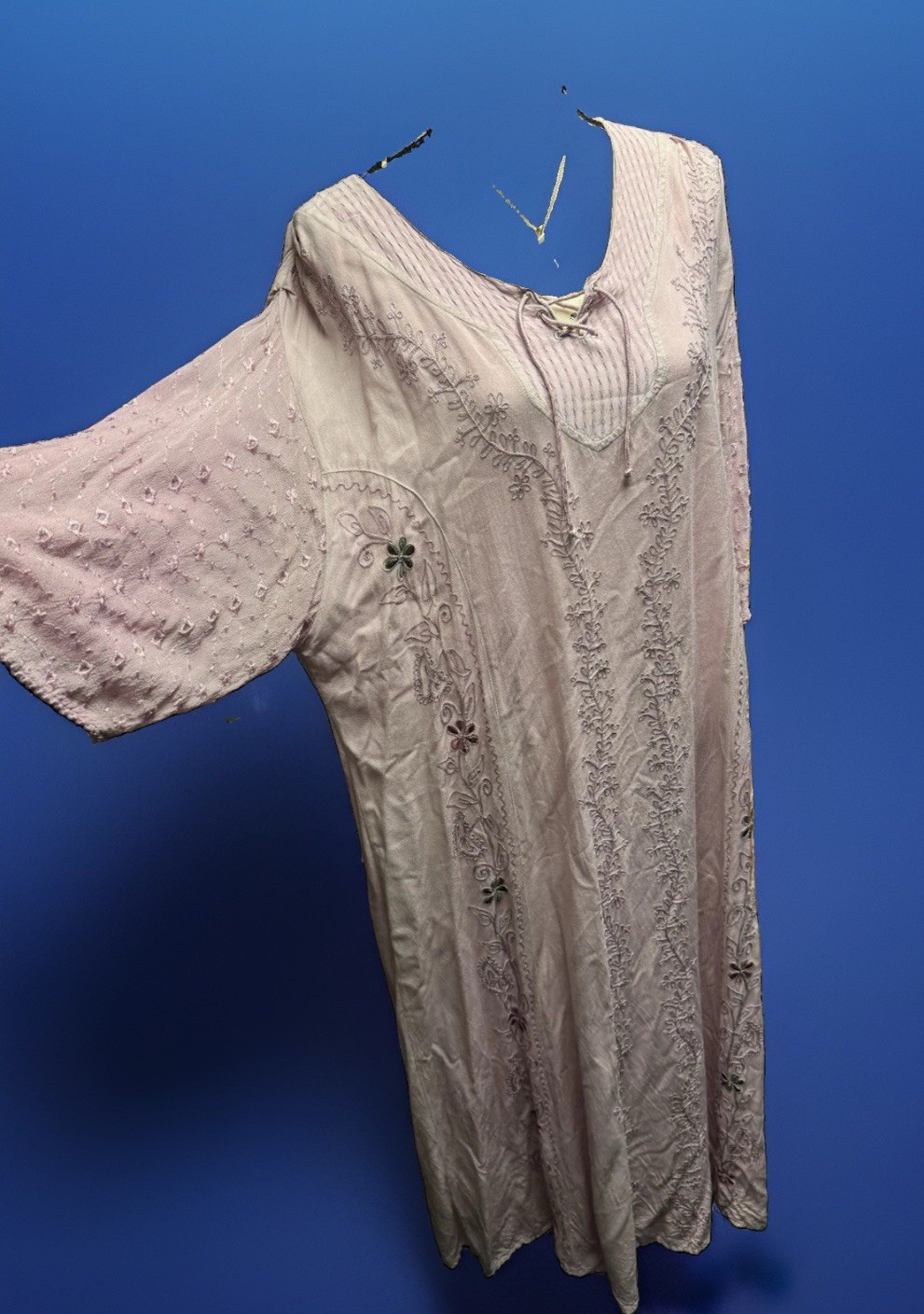 VTG India Free Plus 1X-3X Pink Kaftan Dress Embroidered Florals Bohemian Tie Bac
