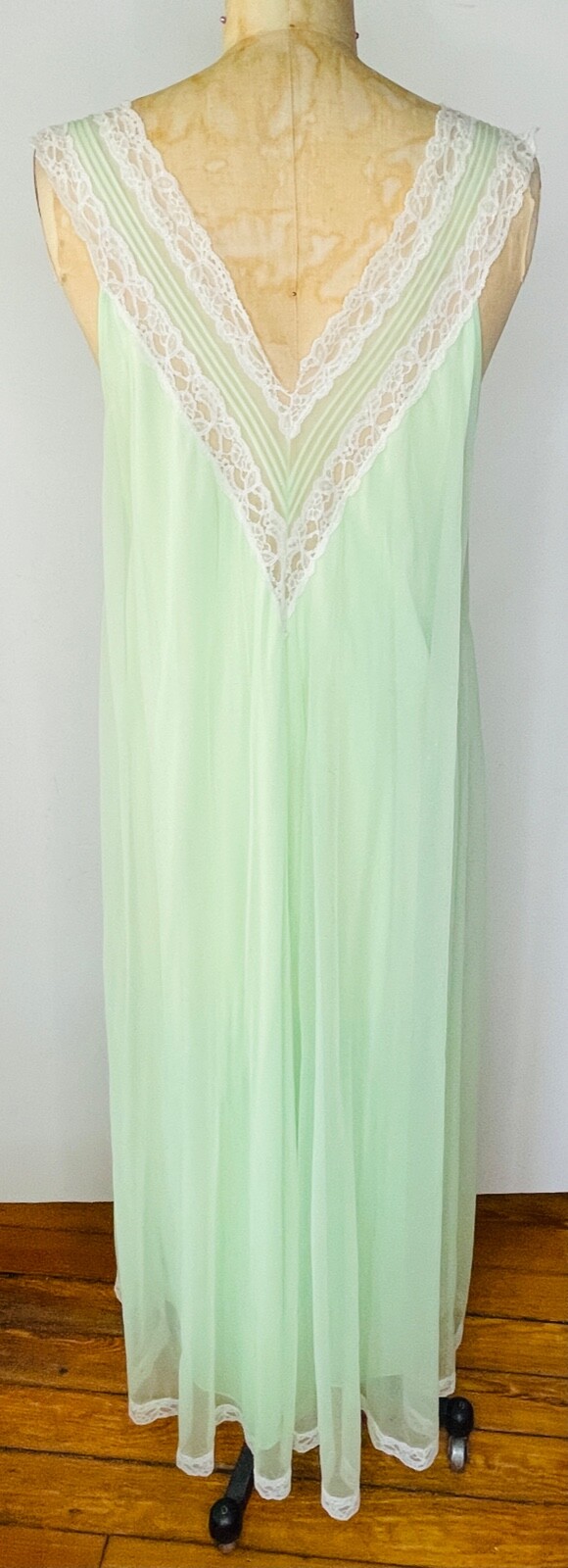 VTG WARD&rsquo;S MINT GREEN GODDESS CHIFFON&LACE FULL SWEEP NIGHTGOWN NEGLIGEE*S/M