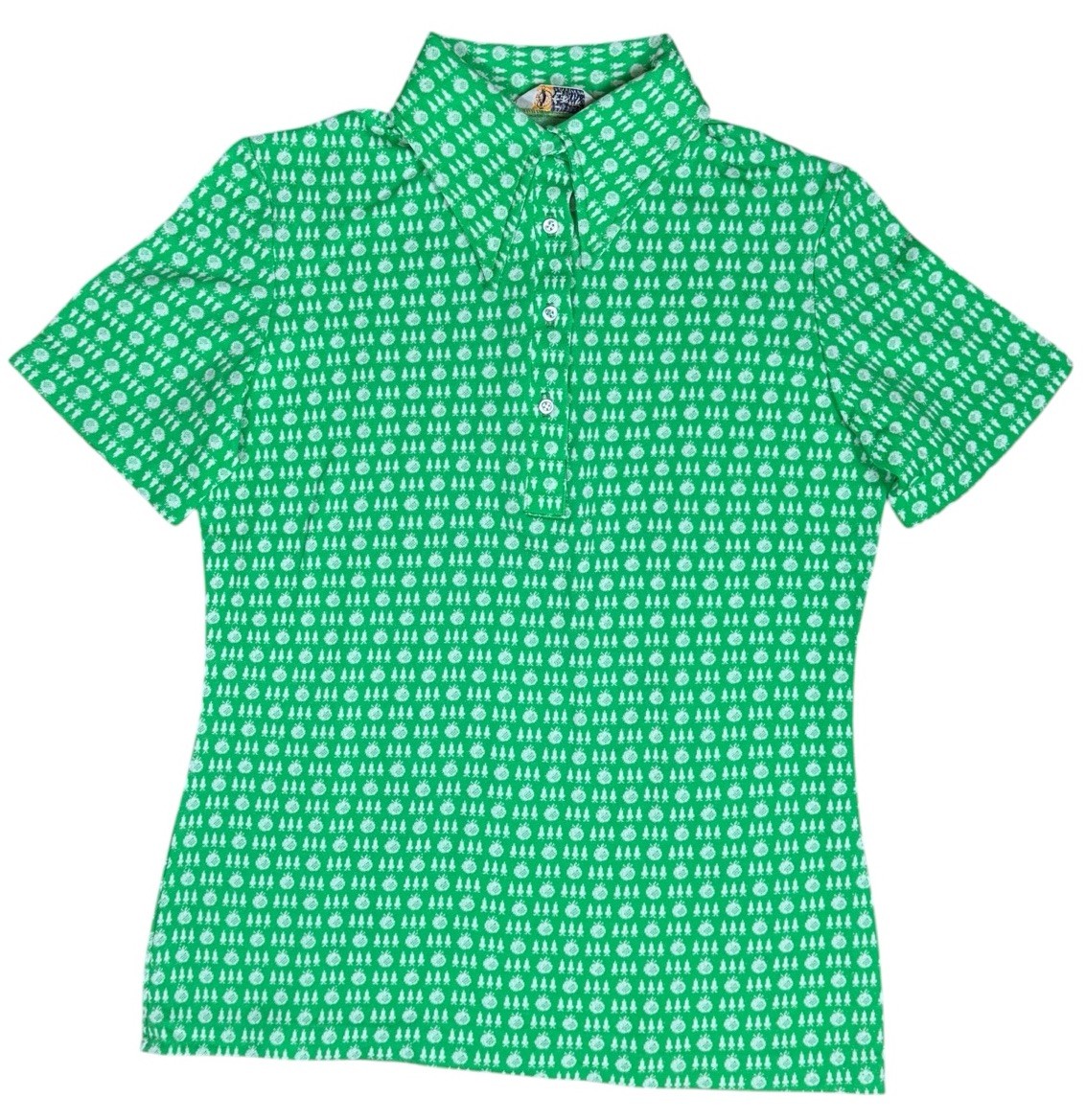 Vintage Eastmoor Mod Polo Shirt Womens 7/8 Green White Geometric 60s 70s Top