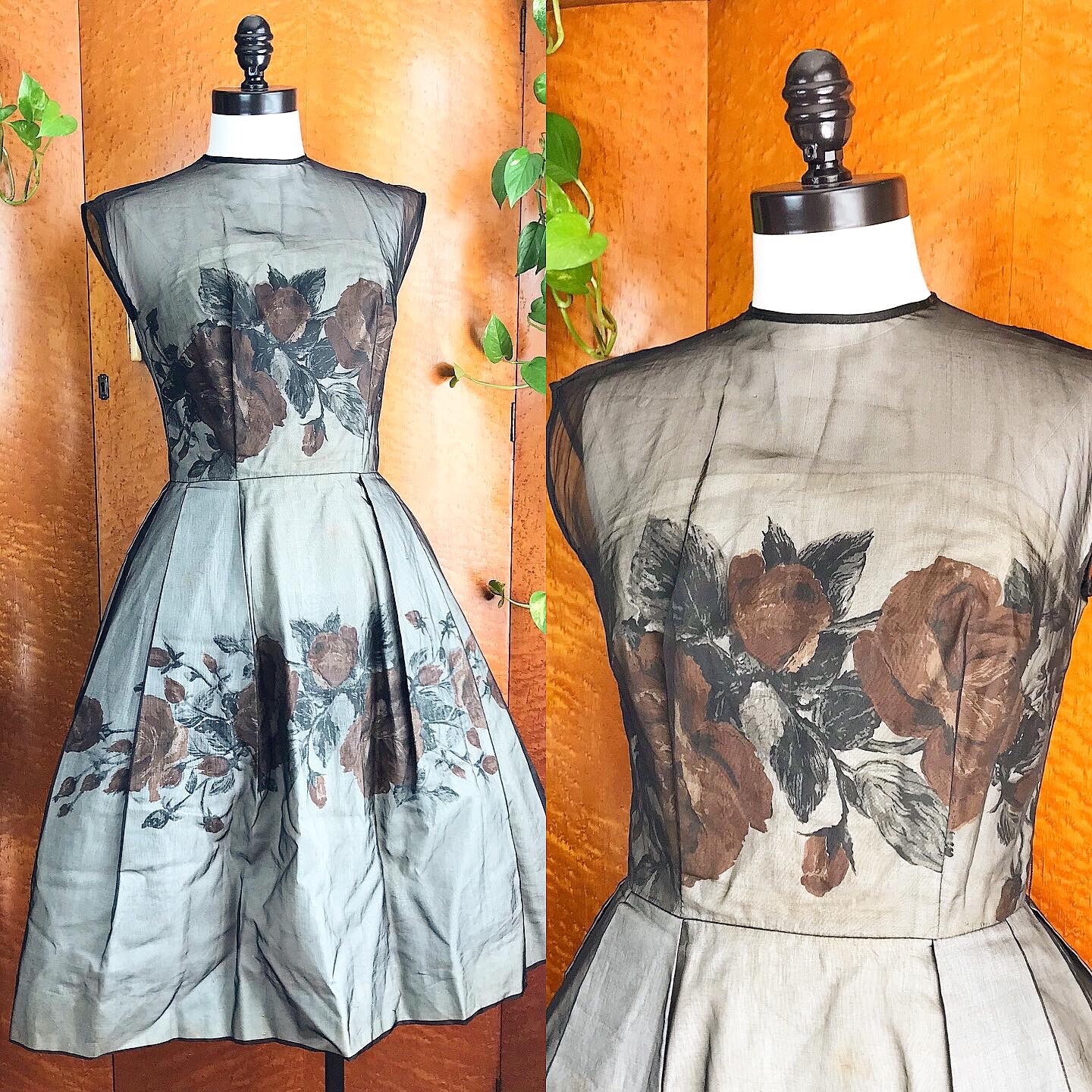 ORANGE ROSES 1950’s 50s Vintage Rose Print Black Organza Party Cocktail Dress S